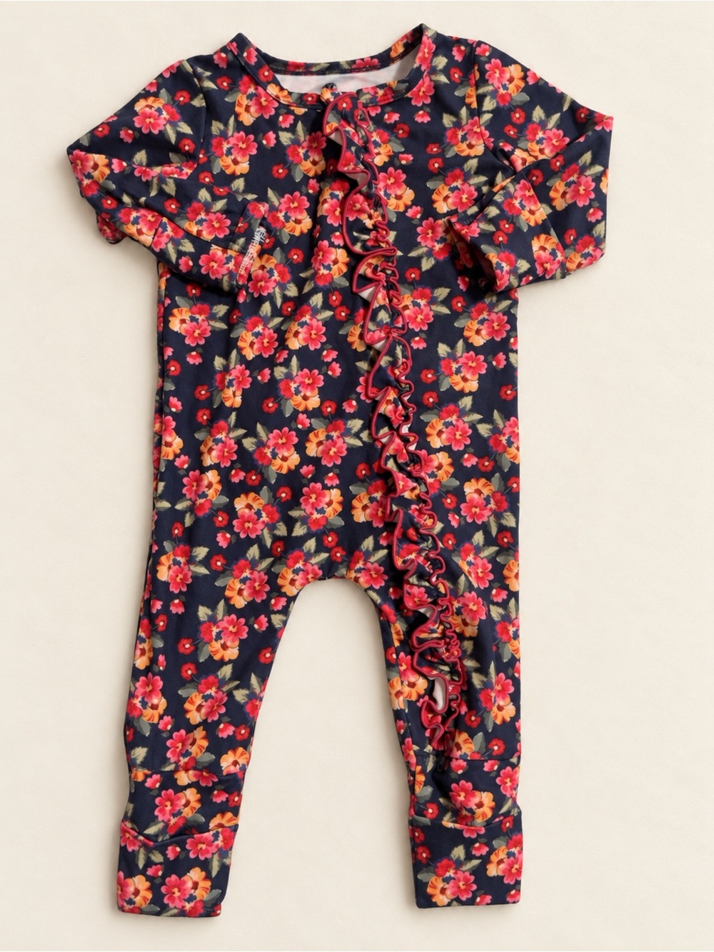 Girls Navy Floral Ruffle One-Piece sleeper